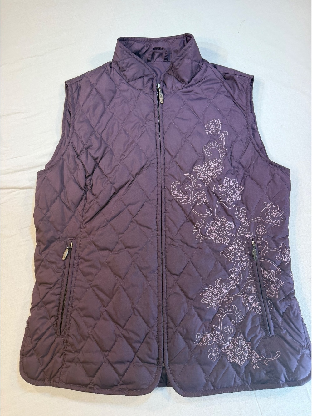 Eddie Bauer Premium Goose Down Quilted Vest with Floral Embroidery